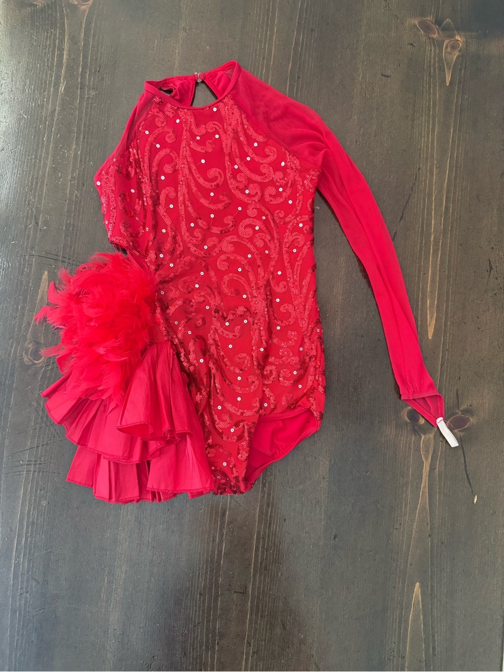 Weissman Red Sequin Ruffle Dance Costume with Feather Accent